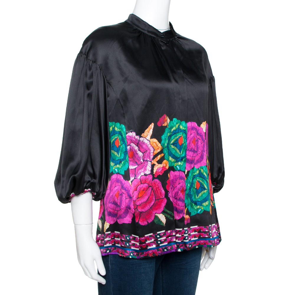 

Roberto Cavalli Black Floral Printed Silk Balloon Sleeve Blouse