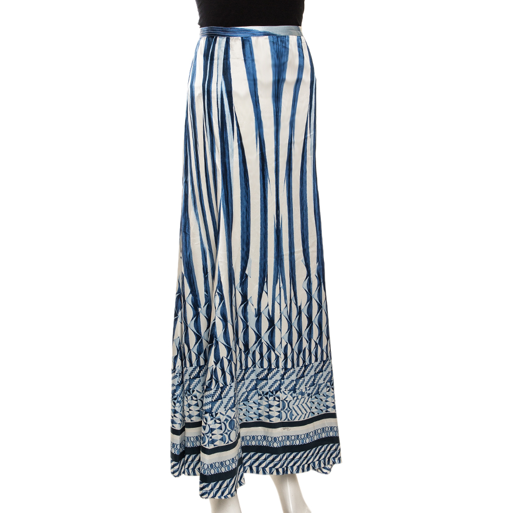 

Roberto Cavalli Blue Abstract Stripe Printed Silk Flared Maxi Skirt