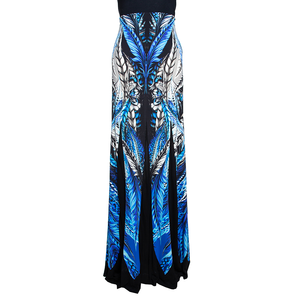 Pre Owned Roberto Cavalli Multicolor Printed Jersey and Mesh Panelled Maxi Skirt L