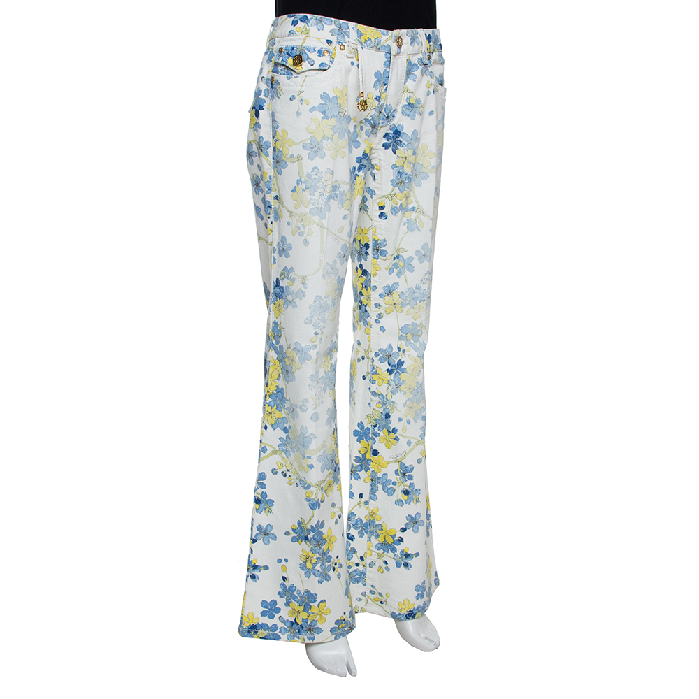 

Roberto Cavalli White Floral Printed Denim Flared Jeans