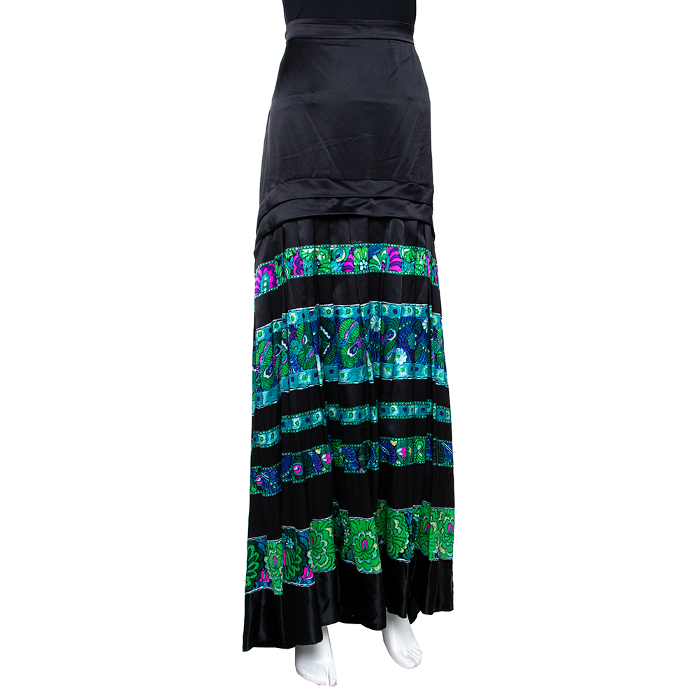 

Roberto Cavalli Black & Green Striped Floral Printed Silk Flared Maxi Skirt