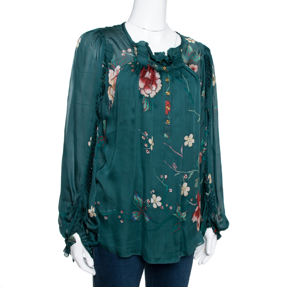 

Roberto Cavalli Dark Green Floral Printed Chiffon Pleated Detail Blouse
