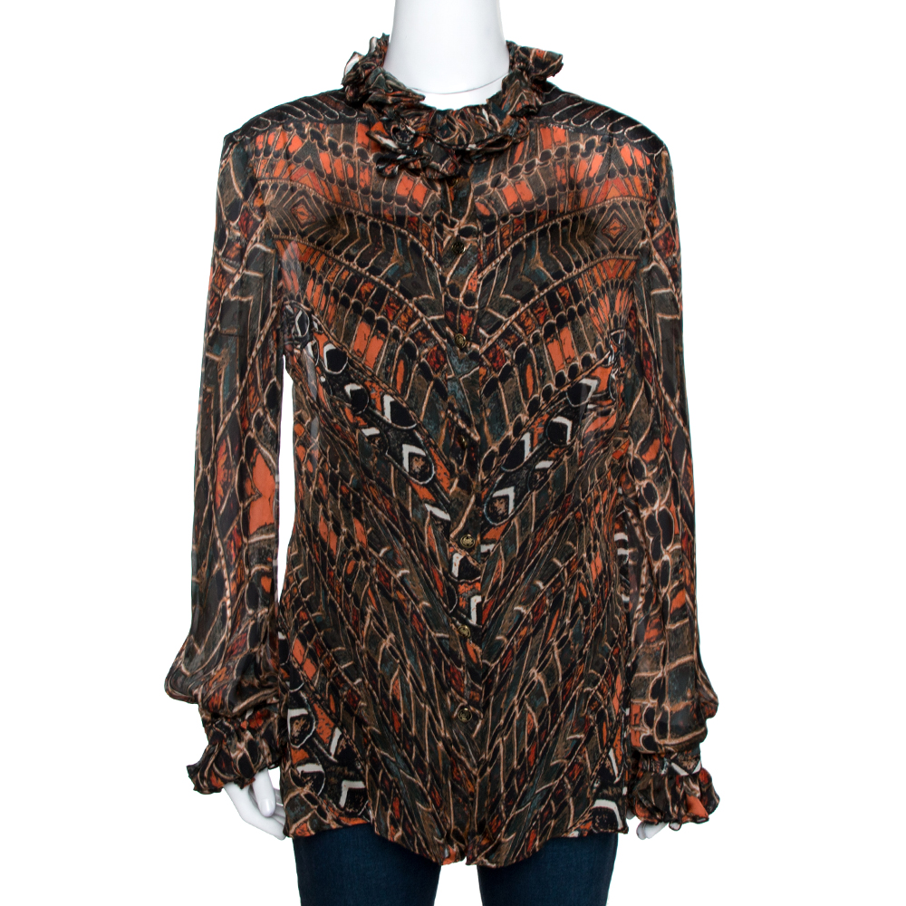 Pre Owned Roberto Cavalli Multicolor Abstract Printed Silk Ruffled Shirt L