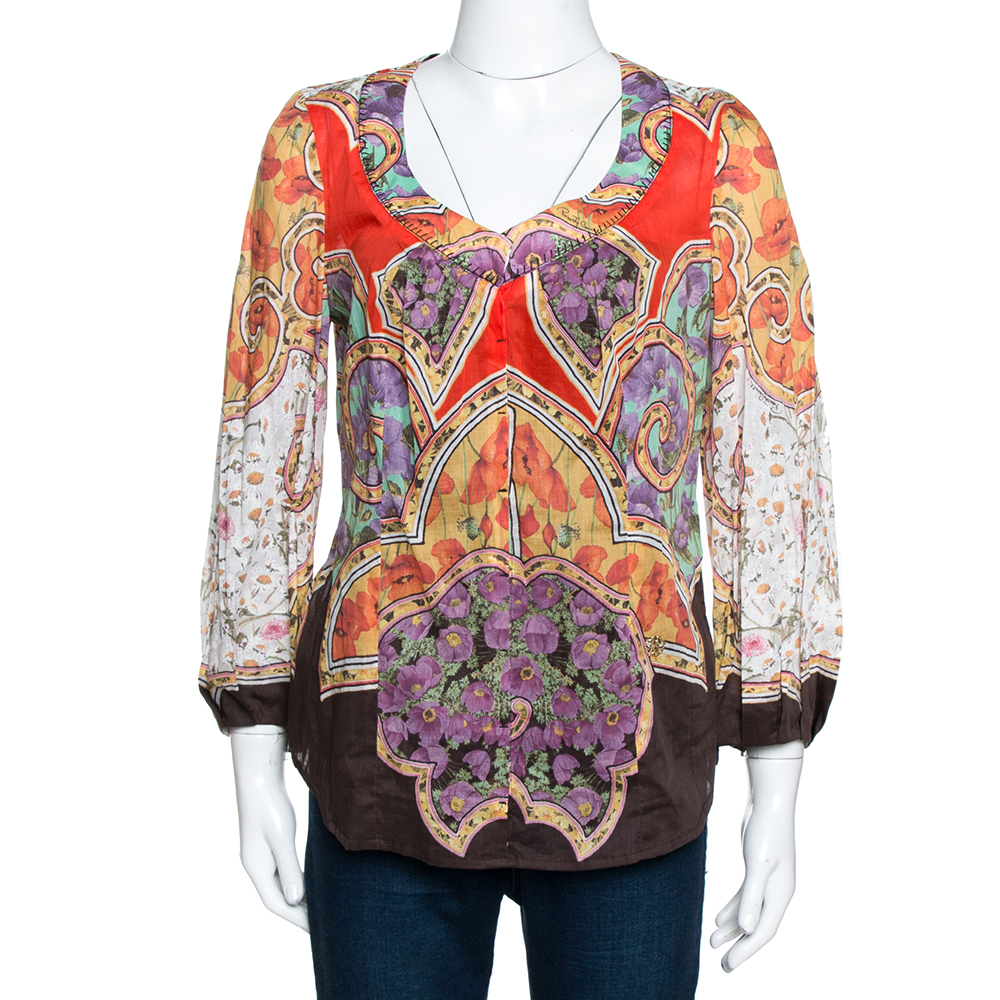 Pre Owned بلوزة روبرتو كافالي قطن مطبوع متعدد الألوان بأكمام طويلة مقاس كبير (لارج)