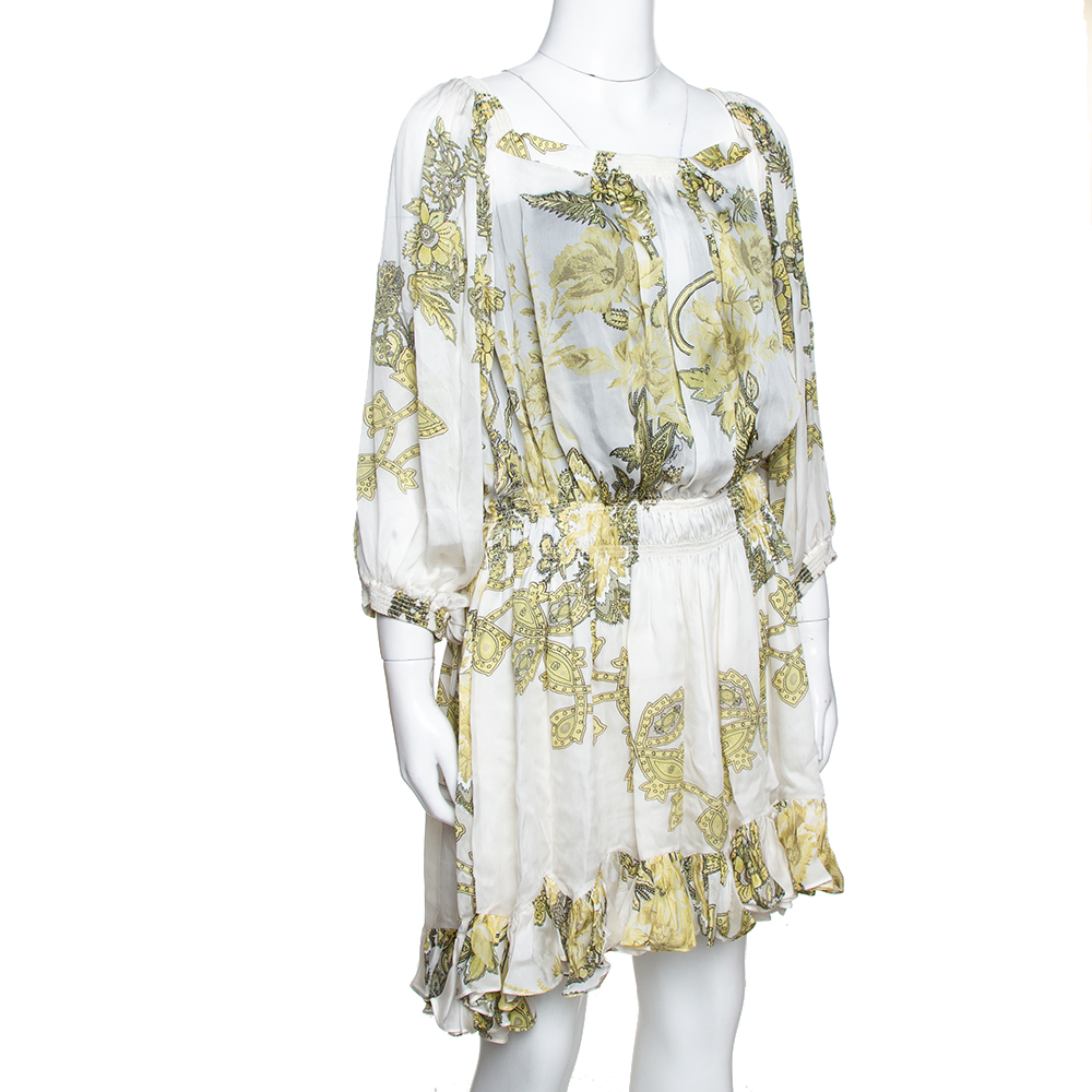 

Roberto Cavalli White & Yellow Floral Print Silk Ruffled Dress
