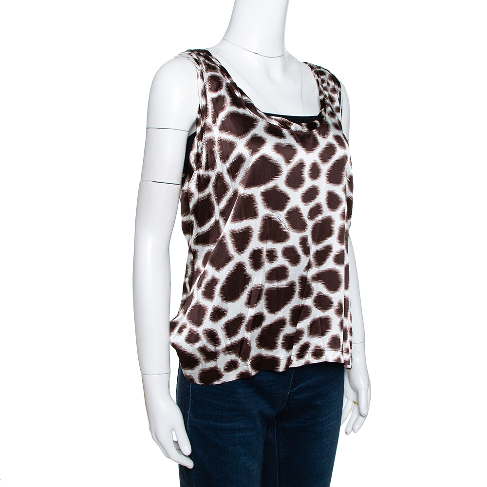 

Roberto Cavalli Brown Printed Silk Satin Sleeveless Top