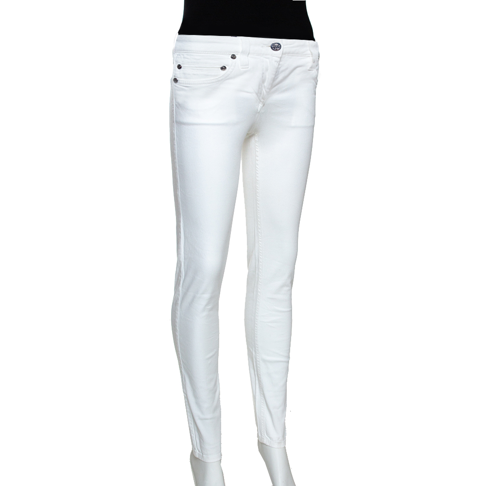 

Roberto Cavalli White Denim Logo Embroidered Skinny Jeans