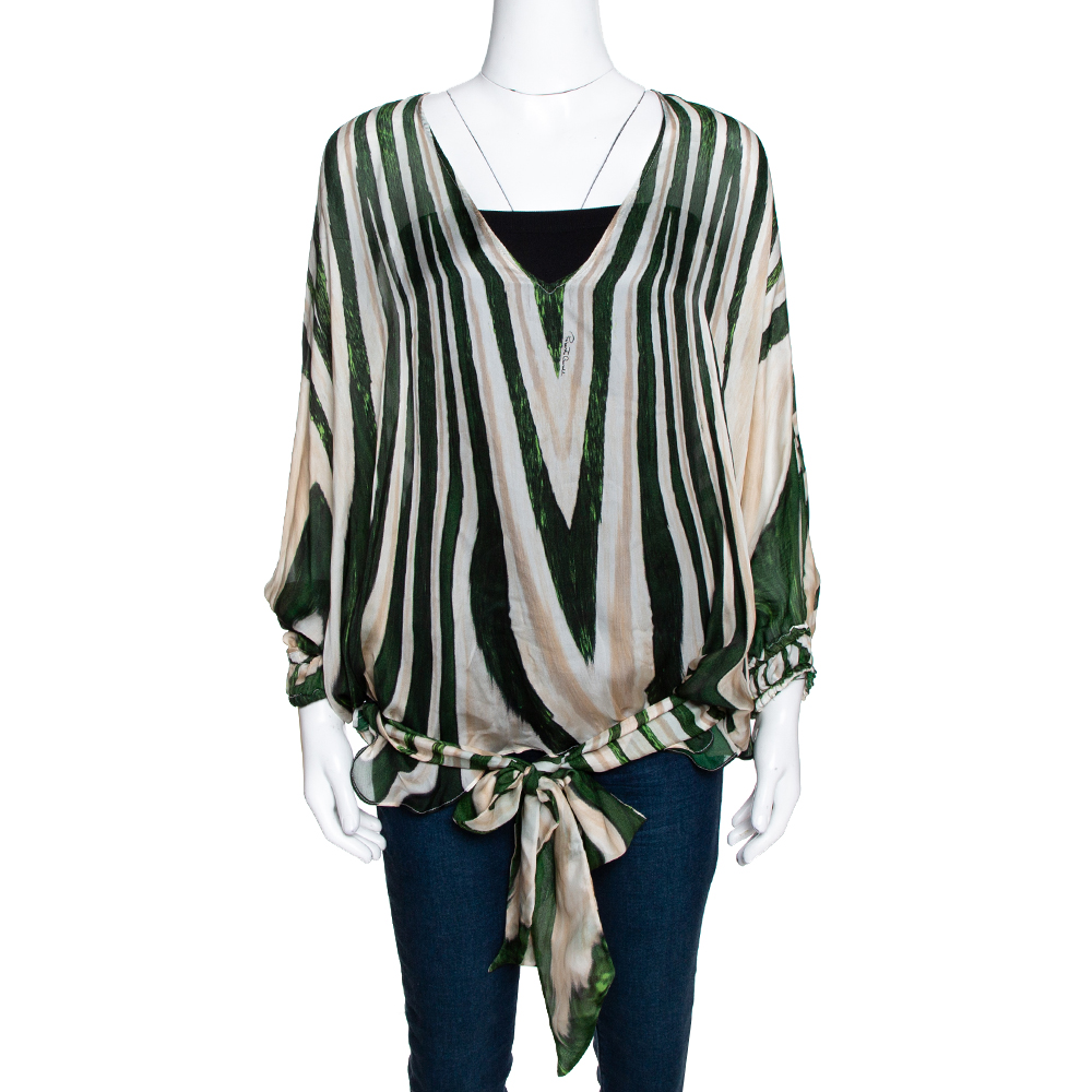 Pre Owned Roberto Cavalli Green Printed Silk Front Tie Detail Sheer Top M