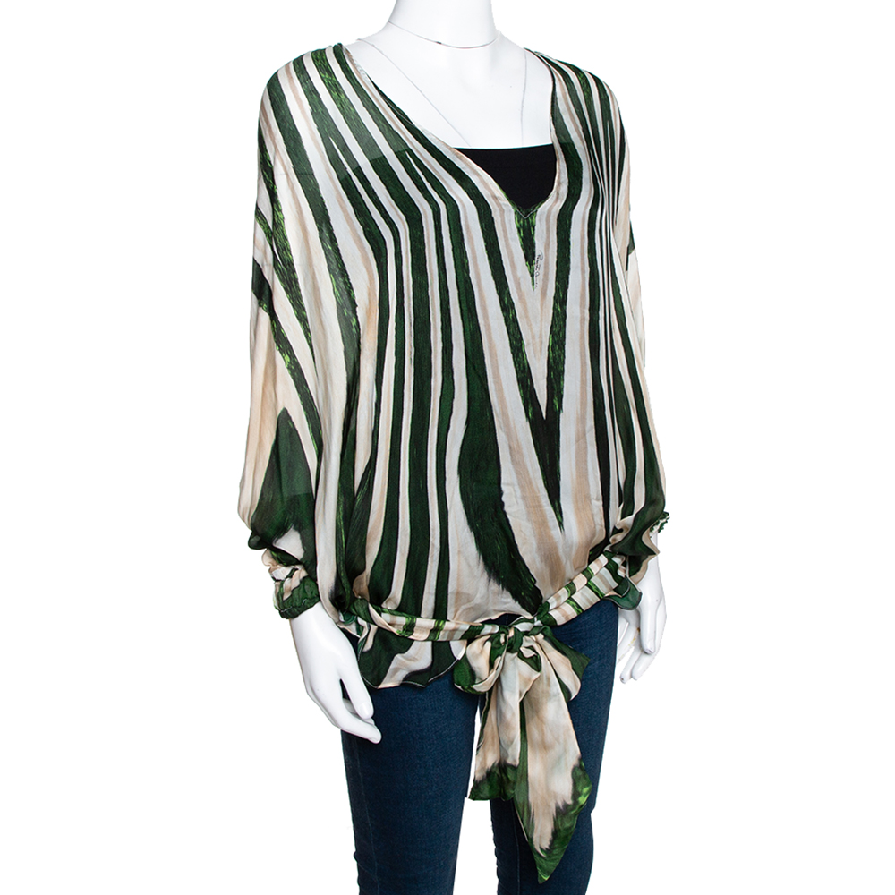 

Roberto Cavalli Green Printed Silk Front Tie Detail Sheer Top