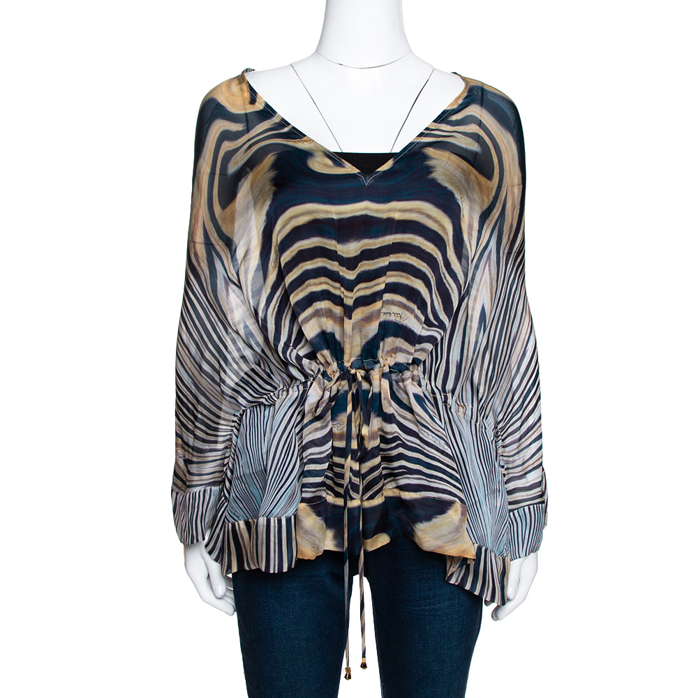 Pre Owned توب قفطان روبرتو كافالي حرير مطبوع نقشة الفهد أزرق مخضر داكن و بيج مقاس وسط (ميديوم)