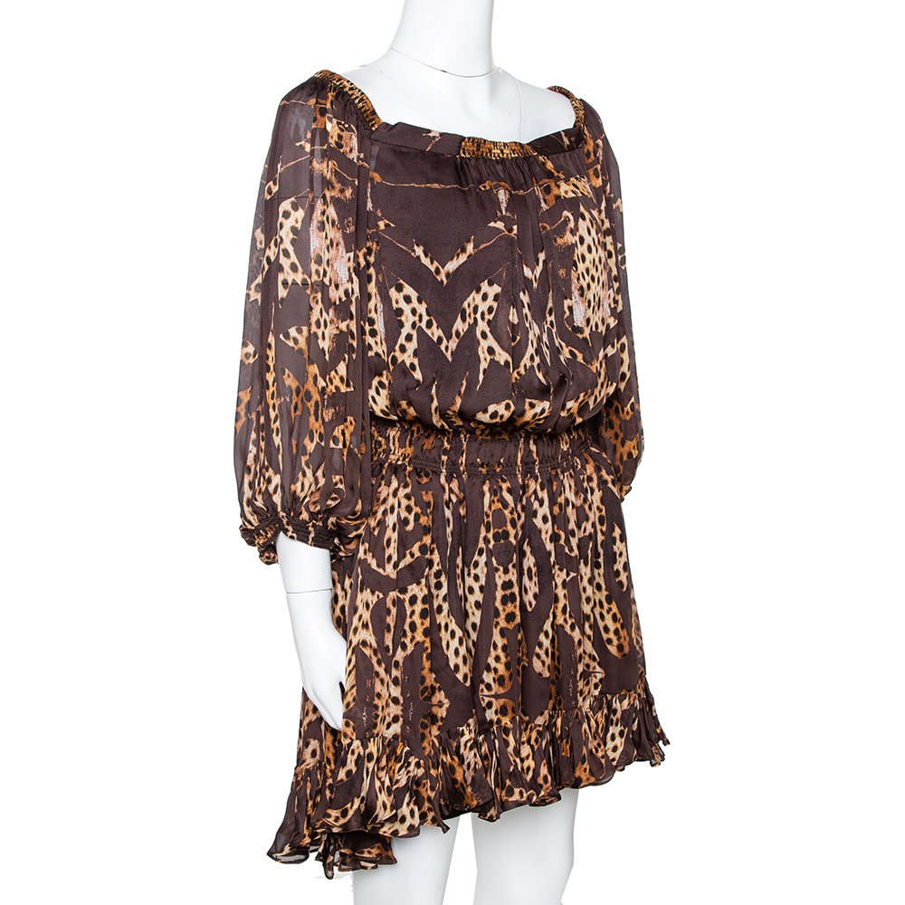 

Roberto Cavalli Brown Animal Print Silk Ruffled Dress