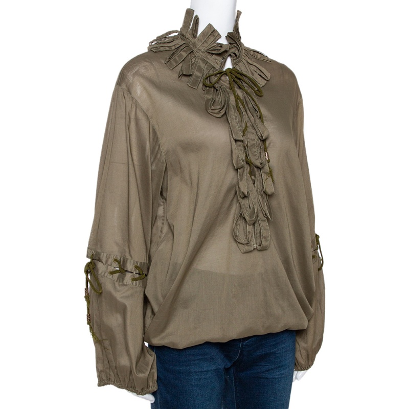 

Roberto Cavalli Olive Green Cotton Ruffled Long Sleeve Top