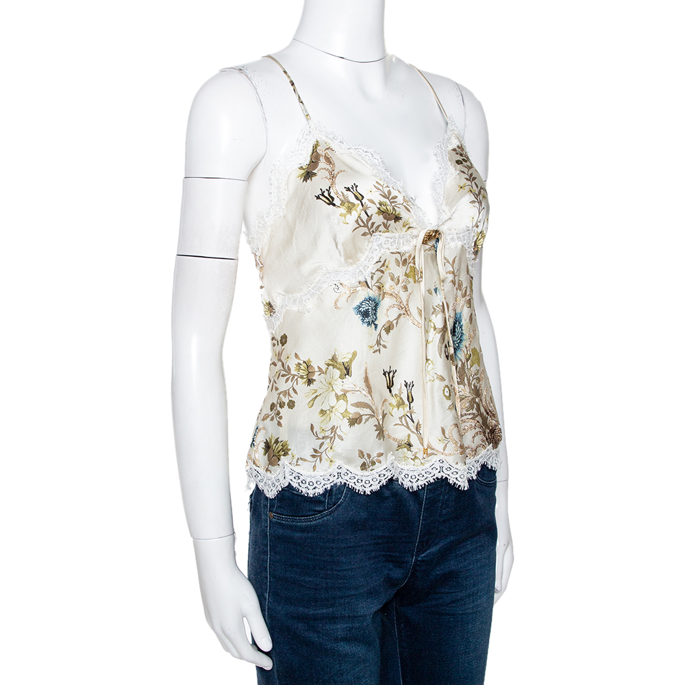 

Roberto Cavalli Cream Floral Shimmer Print Silk Lace Trim Camisole