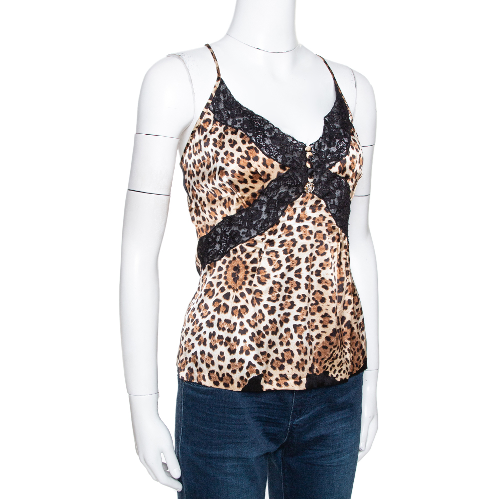 

Roberto Cavalli Brown Animal Print Silk Lace Trim Camisole Top