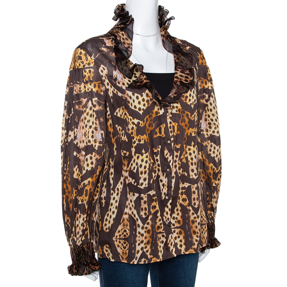

Roberto Cavalli Brown Animal Print Cotton Ruffled Top