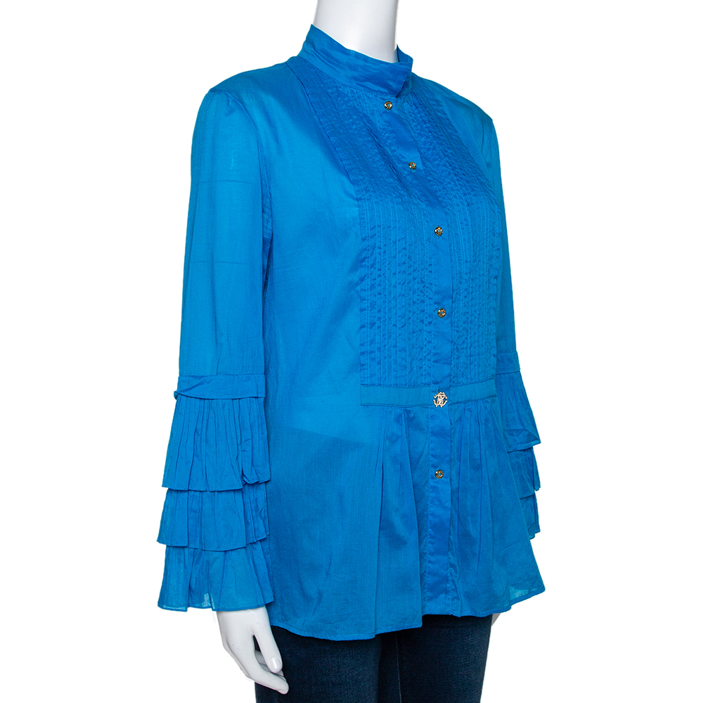 

Roberto Cavalli Blue Cotton Tiered Sleeve Pintucked Detail Shirt