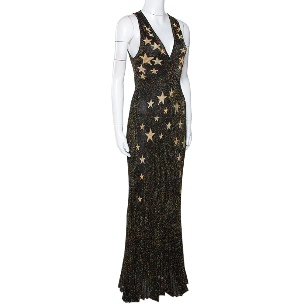 

Roberto Cavalli Black & Gold Star Lurex Rib Knit Sleeveless Gown