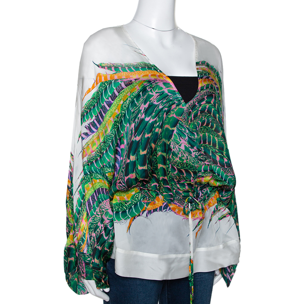 

Roberto Cavalli Green Feather Print Silk Kaftan Blouse