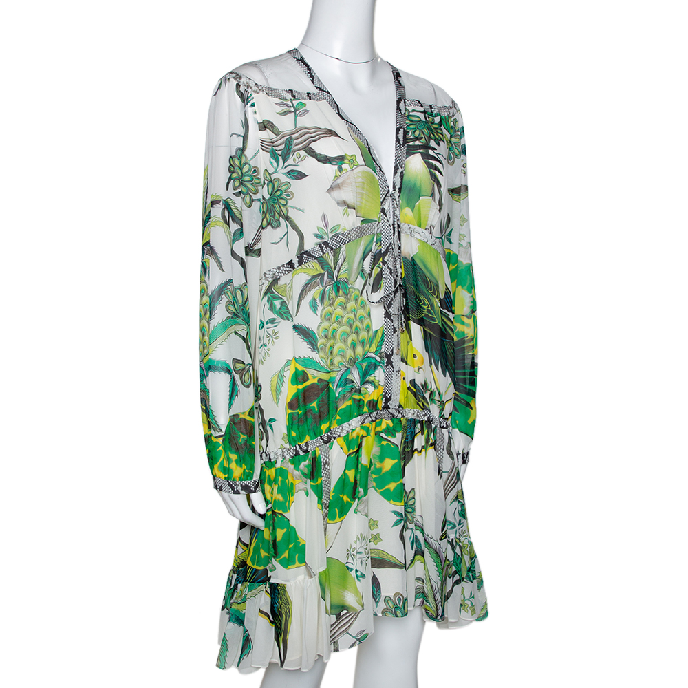 

Roberto Cavalli Green Tropical Parrot Print Silk Gathered Dress