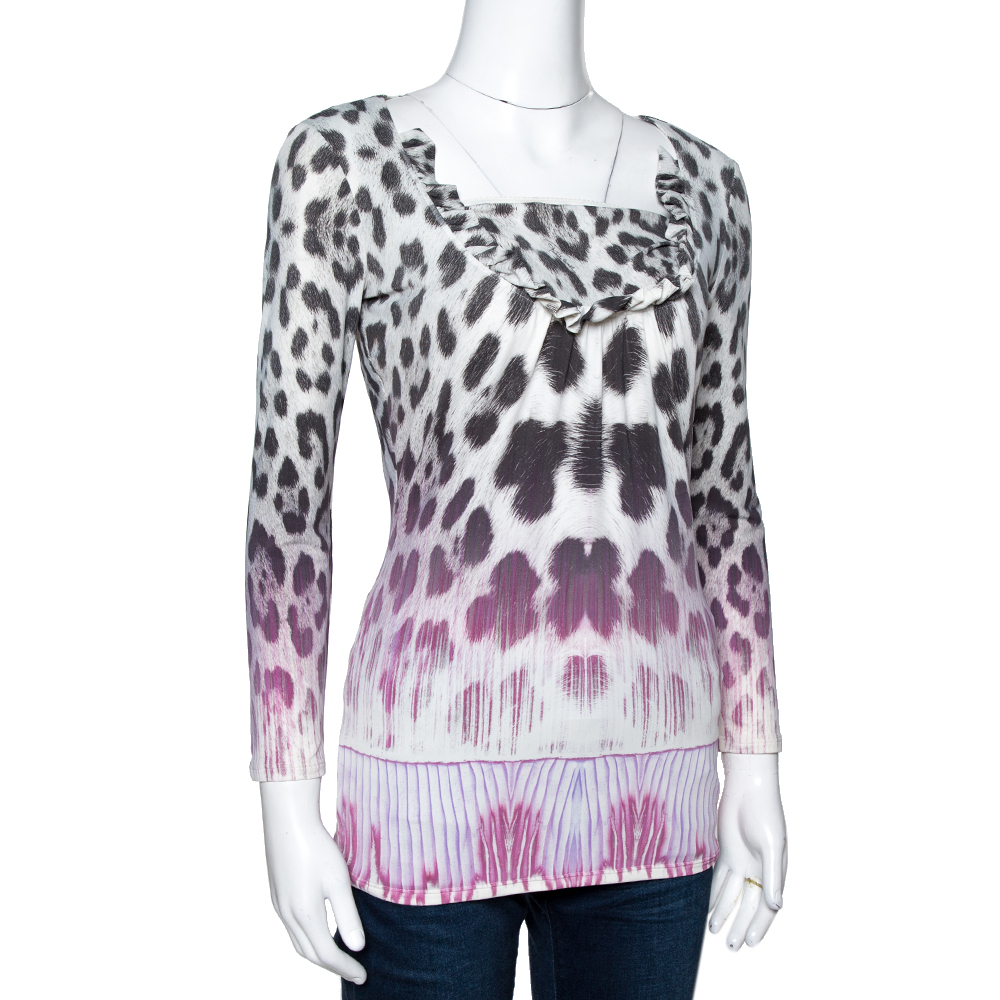

Roberto Cavalli Grey Animal Print Knit Ruffled Neck Top