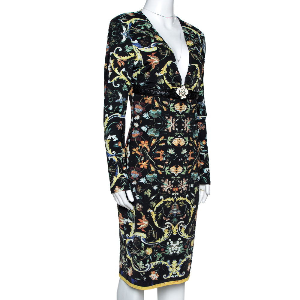 

Roberto Cavalli Black Oriental Garden Printed Jersey Floral Brooch Detail Dress