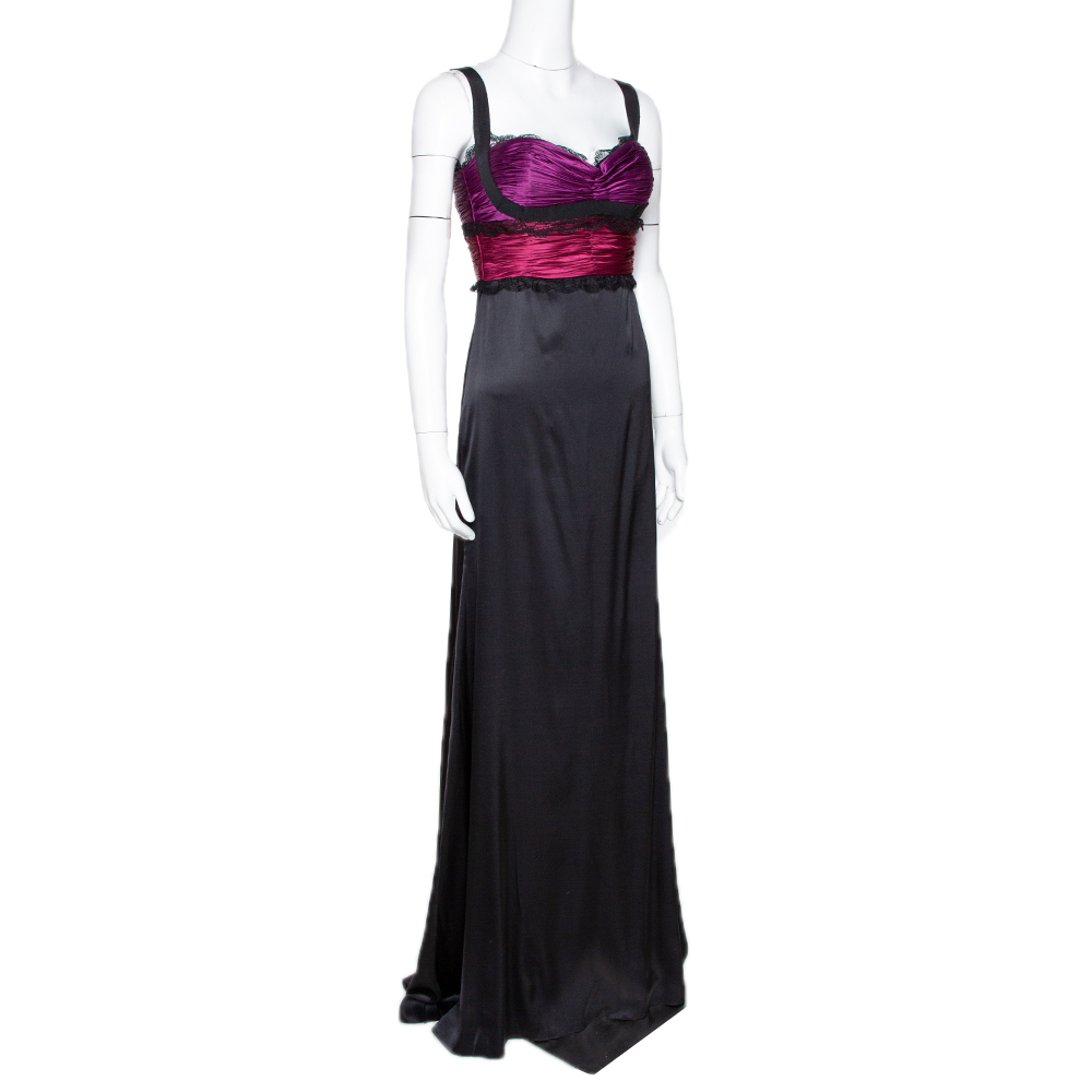 

Roberto Cavalli Black Silk Lace Trim Gathered Maxi Dress