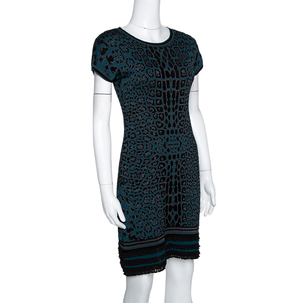 

Roberto Cavalli Teal Animal Pattern Jacquard Ruffle Hem Dress, Green