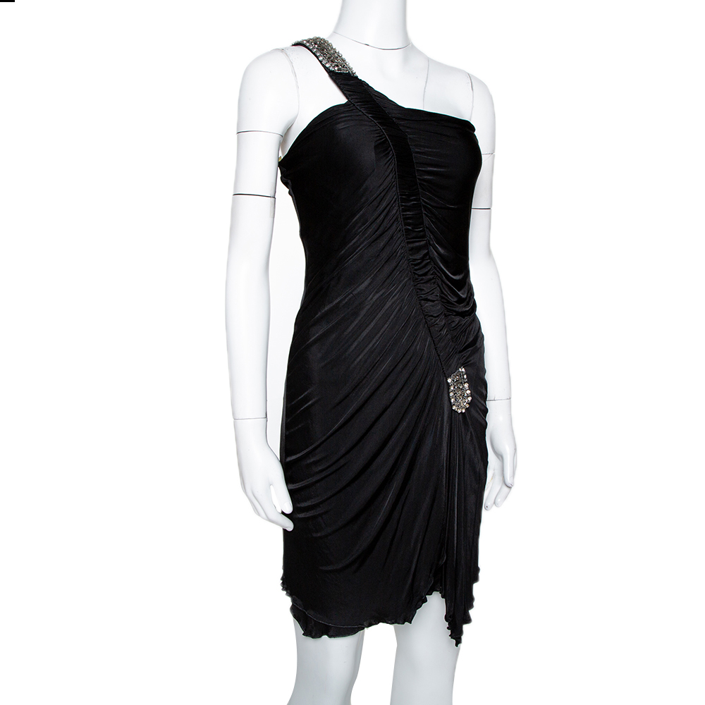 

Roberto Cavalli Black Jersey Embellished One Shoulder Mini Dress