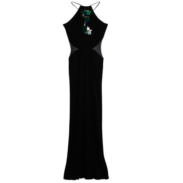 

Roberto Cavalli Black Embellished Mesh Trimmed Jersey Maxi Dress