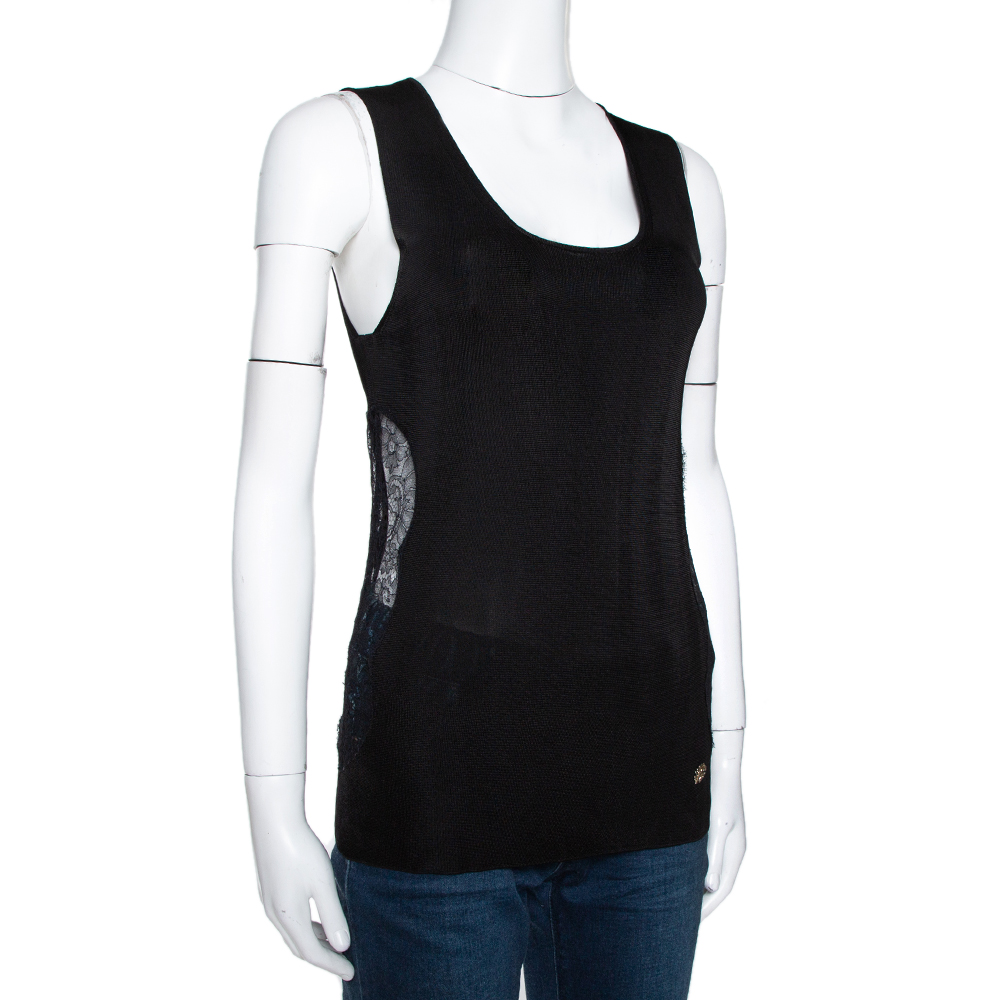 

Roberto Cavalli Black Stretch Knit Lace Detailed Tank Top