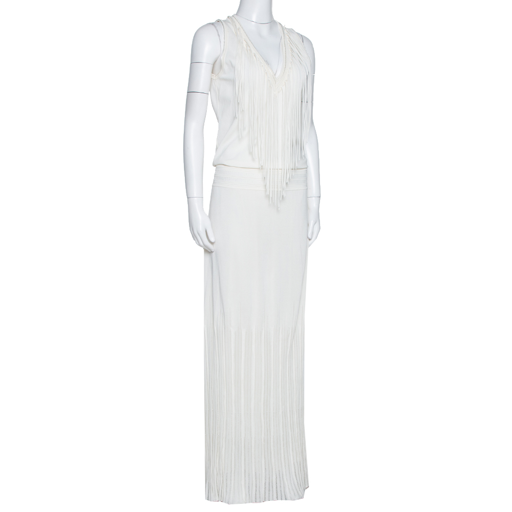 

Roberto Cavalli Off White Knit Fringed Sleeveless Maxi Dress