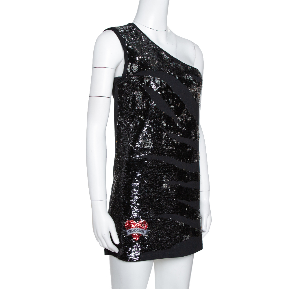 

Roberto Cavalli Black Knit Sequined One Shoulder Mini Dress