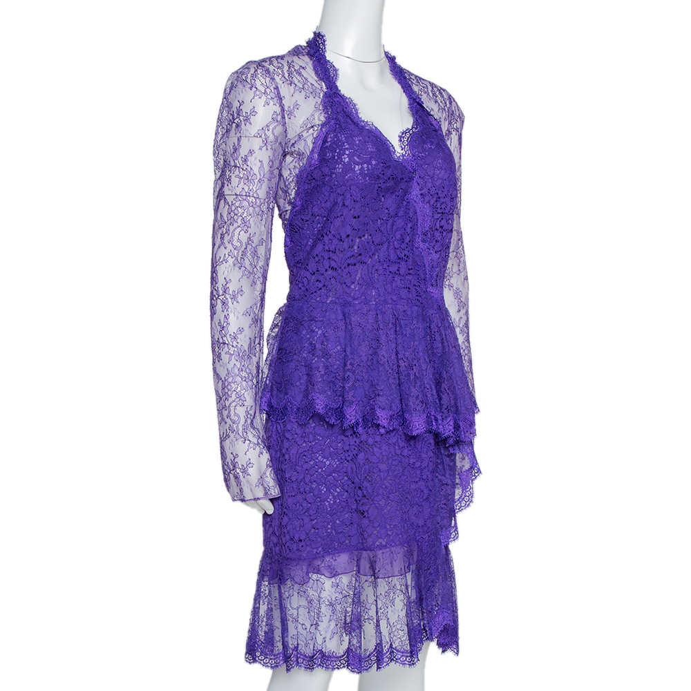 

Roberto Cavalli Purple Lace Ruffled Peplum Dress