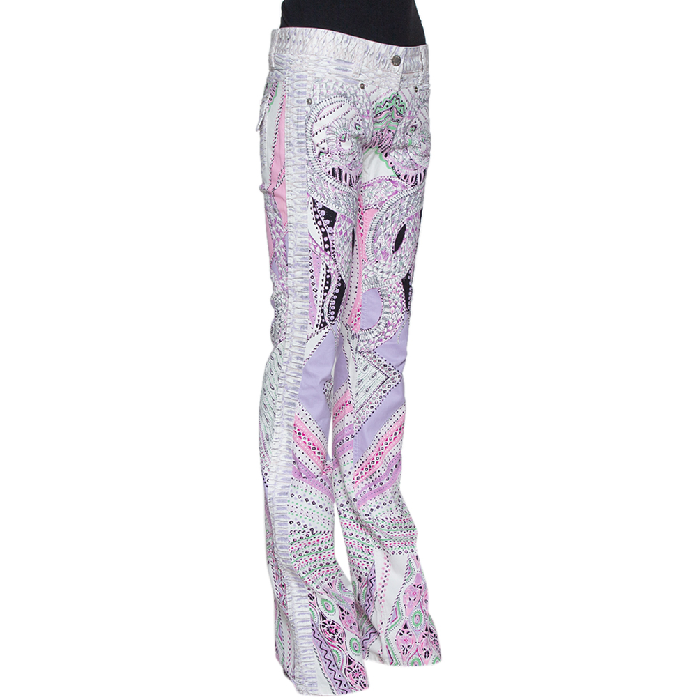 

Roberto Cavalli White & Purple Snake Print Denim Flared Jeans