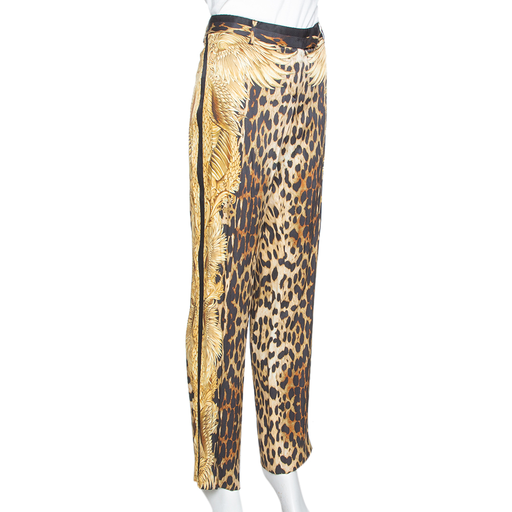 

Roberto Cavalli Brown Leopard & Wings Print Silk Straight Leg Pants