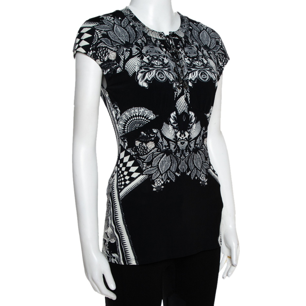 

Roberto Cavalli Monochrome Abstract Paisley Printed Jersey Top, Black