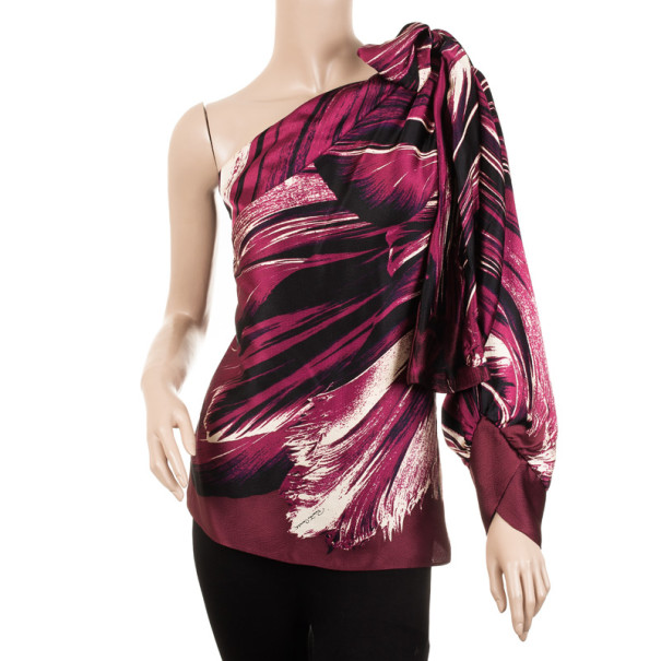 مملوكة مسبقًا Roberto Cavalli Magenta Silk One Shoulder Top