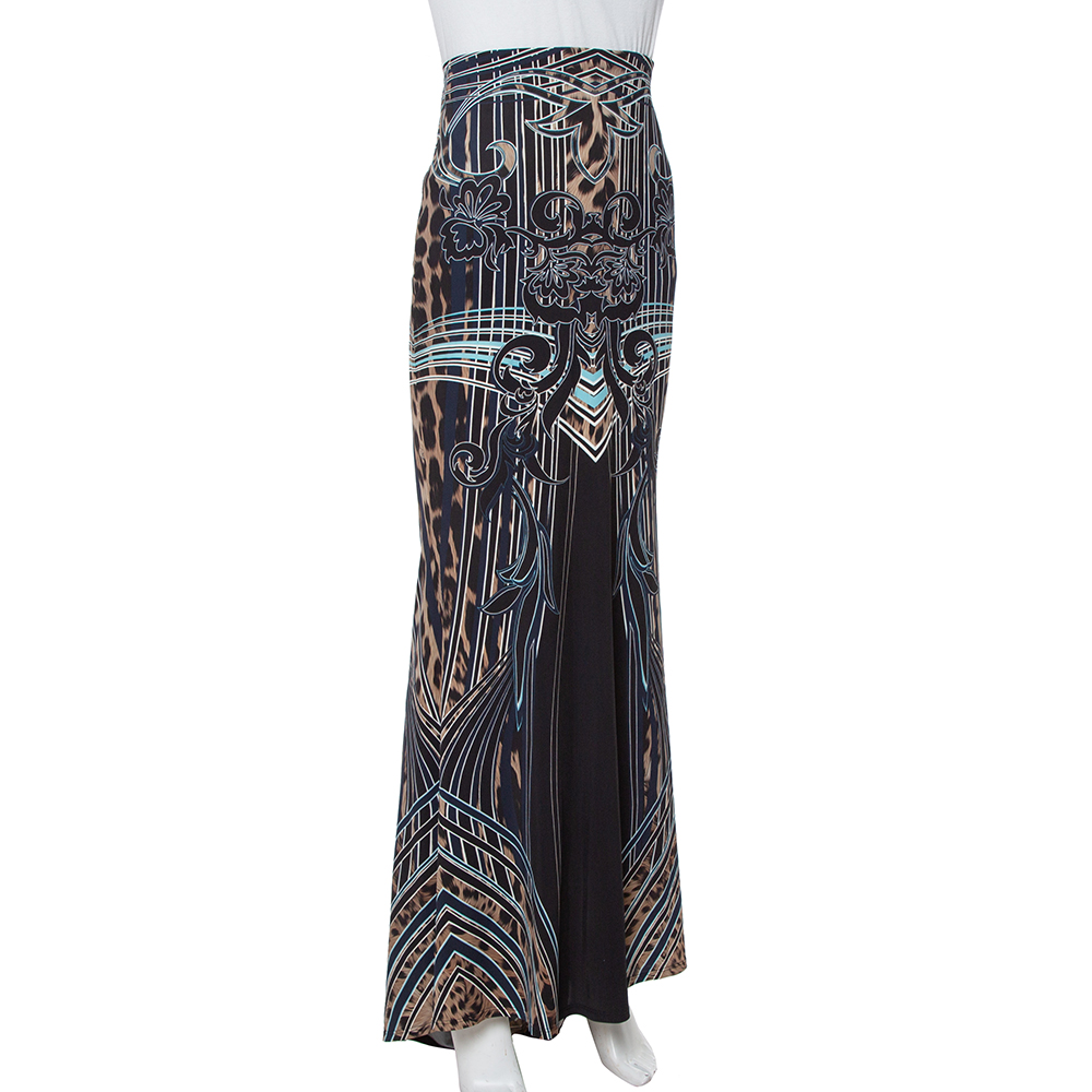 

Roberto Cavalli Black Printed Jersey Fit & Flare Maxi Skirt