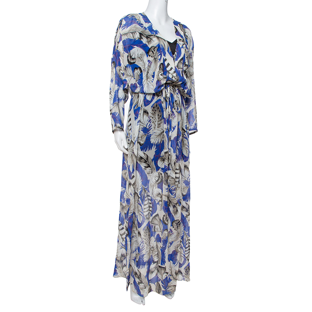 

Roberto Cavalli Blue Feather Print Silk Maxi Kaftan