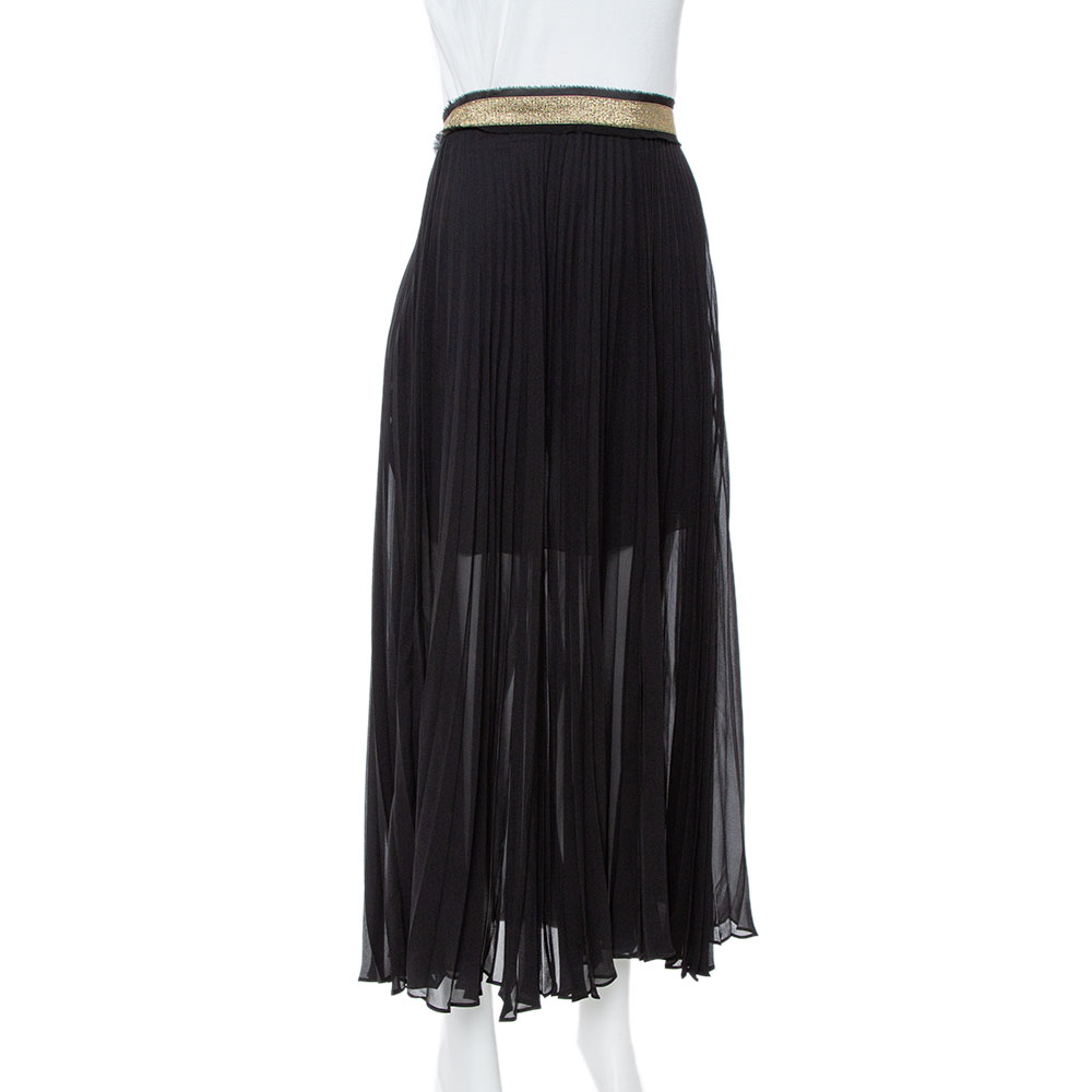 

Roberto Cavalli Black Silk Crepe Pleated Midi Skirt