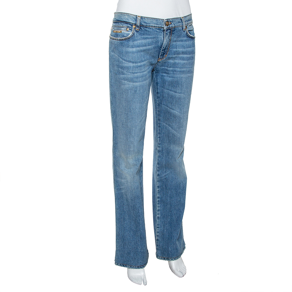 

Roberto Cavalli Indigo Light wash Denim Sequined Straight Fit Jeans, Blue
