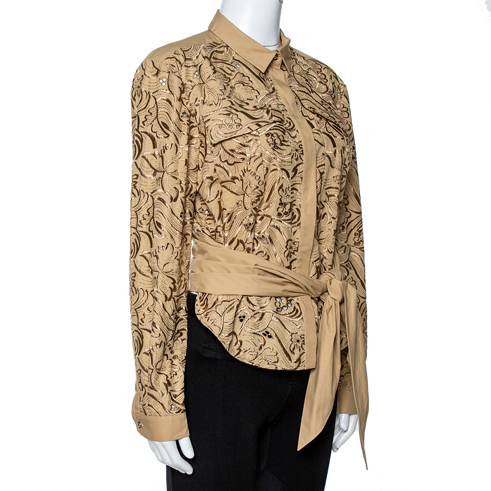 

Roberto Cavalli Beige Embroidered Cotton Tie Front Blouse