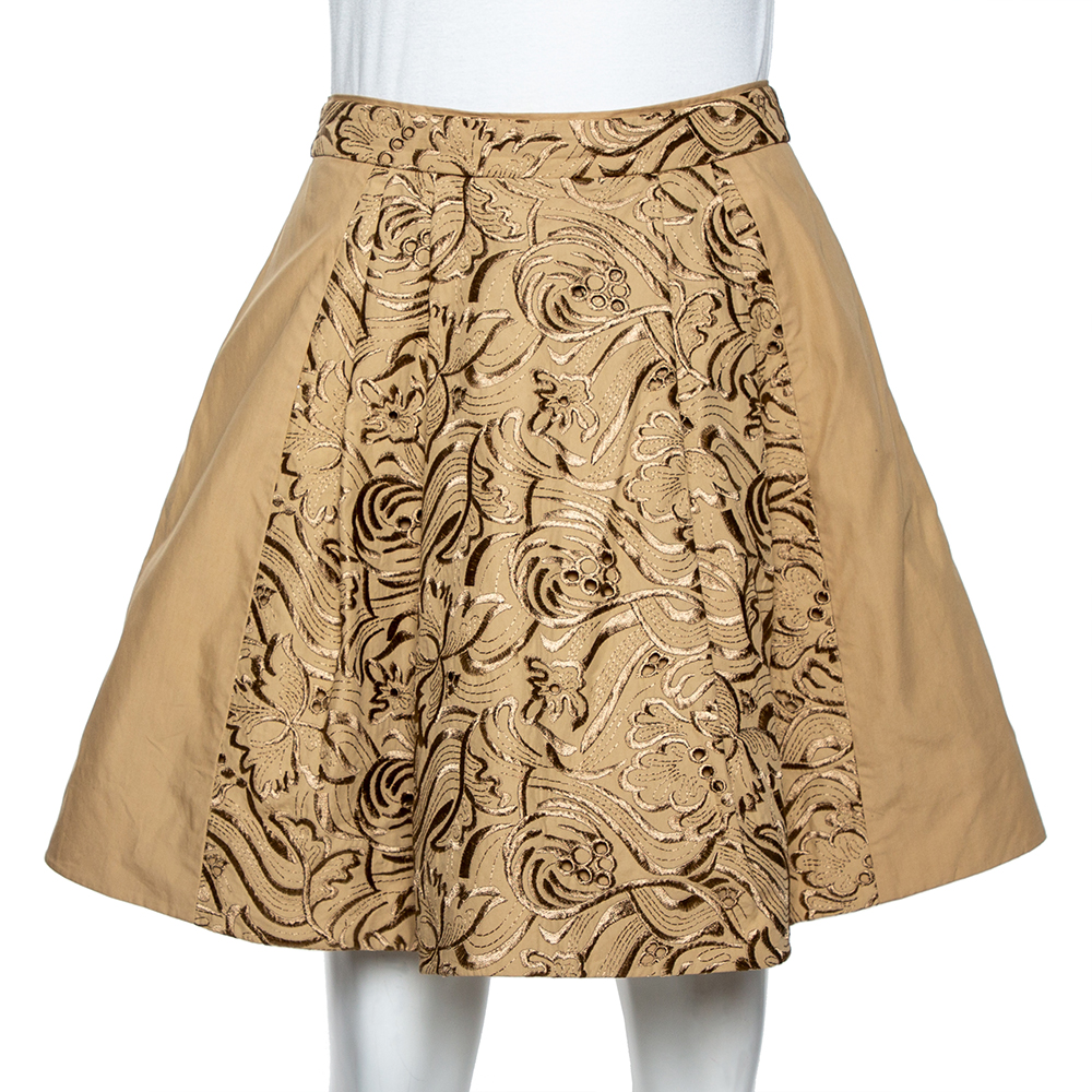 

Roberto Cavalli Beige Embroidered Cotton Pleated Mini Skirt
