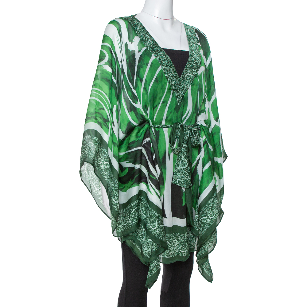 

Roberto Cavalli Green Paisley Print Silk Belted Kaftan Top