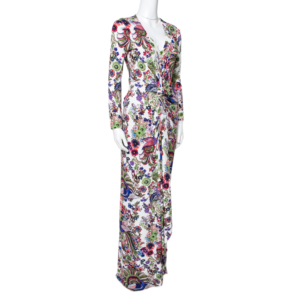 

Roberto Cavalli Multicolor Floral Print Crepe Gathered Maxi Dress