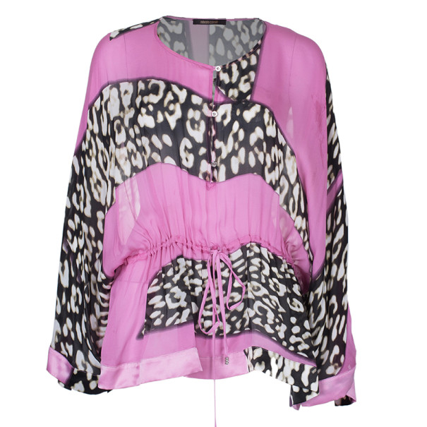 Pre Owned توب روبرتو كافالي قفطان قصير حرير شيفون طبع فهد S