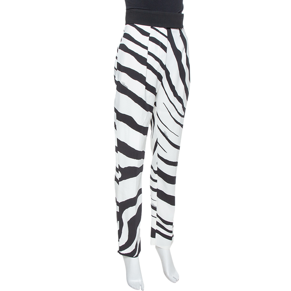 

Roberto Cavalli White/Black Zebra Print High Wide Leg Trouser