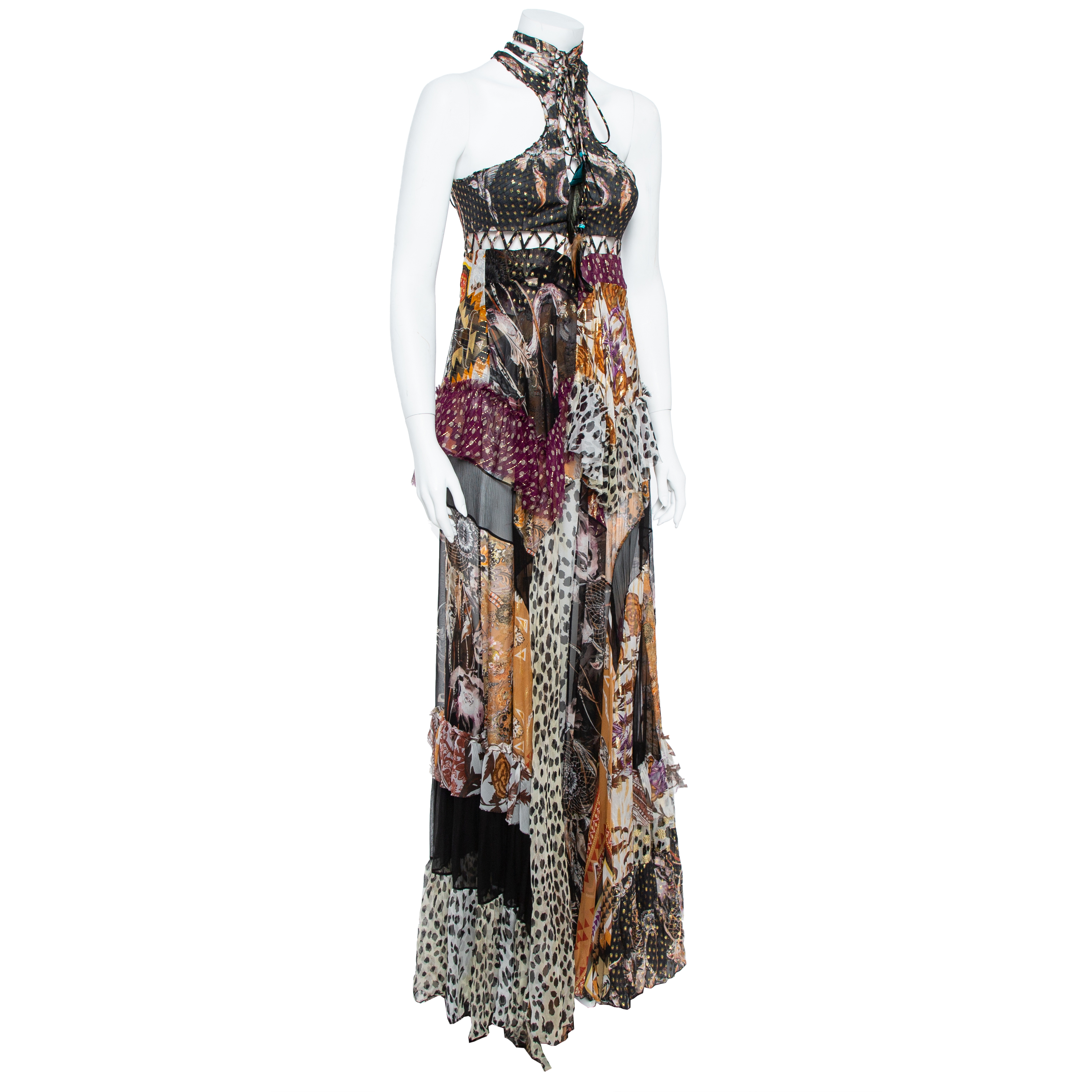 

Roberto Cavalli Multicolor Printed Patch Ruffle Tier Maxi Dress