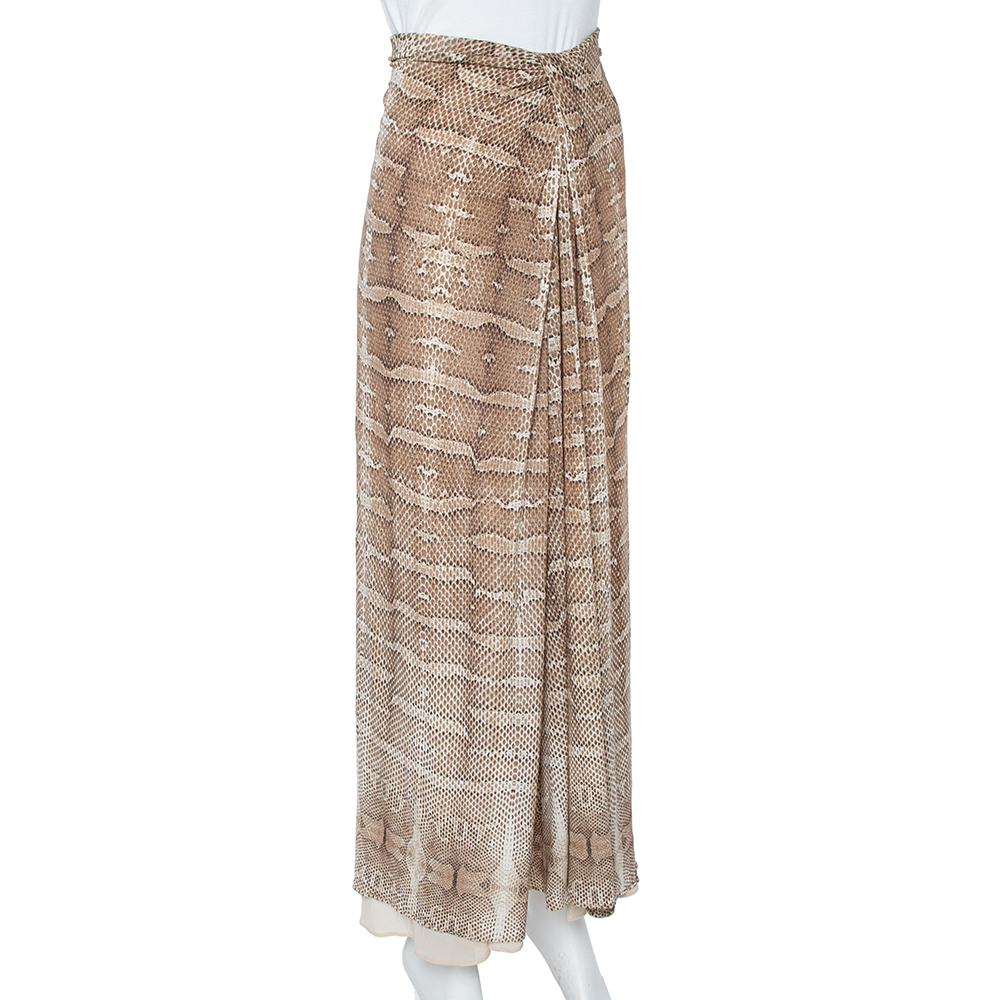 

Roberto Cavalli Brown Snakeskin Print Jersey Gathered Waist Maxi Skirt