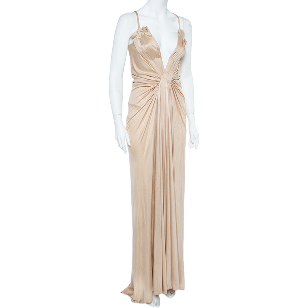 

Roberto Cavalli Champagne Cream Knit Plunge Neck Gown